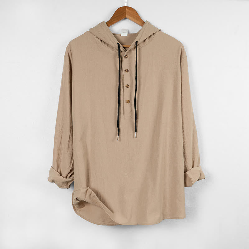 Buddha Stones Solid Color Fall Half Buttons Men's Hooded Long Sleeve Cotton Shirt - image 12