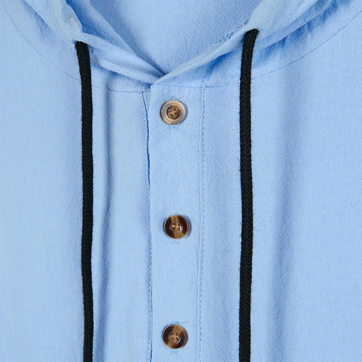 Buddha Stones Solid Color Fall Half Buttons Men's Hooded Long Sleeve Cotton Shirt - image 3