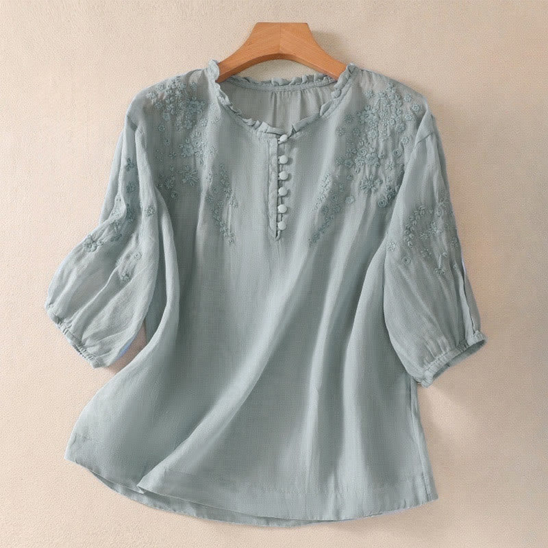 Buddha Stones Casual Plain Button Floral Embroidered Design Puff Half Sleeve Cotton Linen Women's Shirt - LightBlue - US8-10，UK/AU12-14，EU40-42 (2XL) - image 1