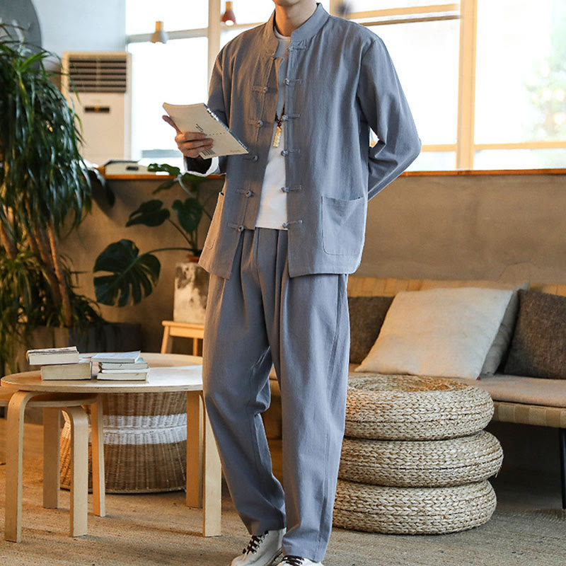 Buddha Stones 2Pcs Zen Tang Suit Men's Frog-Button Long Sleeve Shirt Pants Set With Pockets - image 3