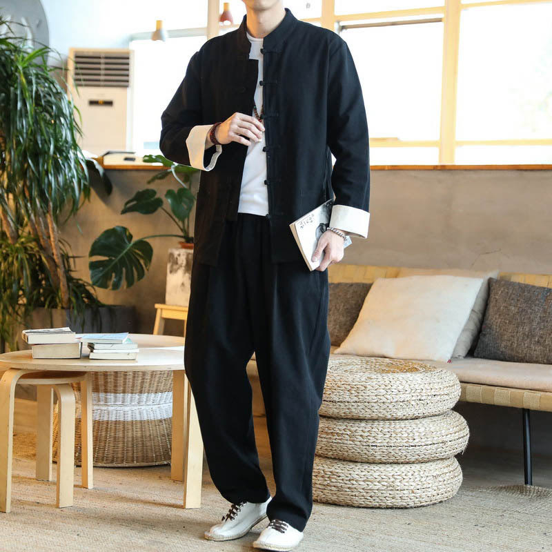 Buddha Stones 2Pcs Zen Tang Suit Men's Frog-Button Long Sleeve Shirt Pants Set With Pockets - Black - US/UK/AU44，EU54 (5XL) - image 15