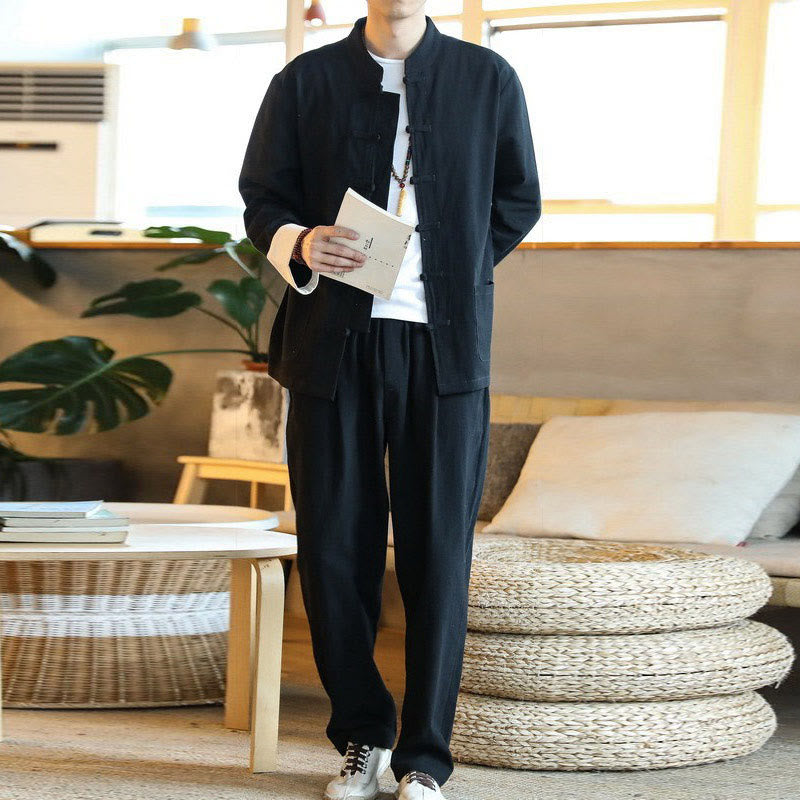 Buddha Stones 2Pcs Zen Tang Suit Men's Frog-Button Long Sleeve Shirt Pants Set With Pockets - image 22