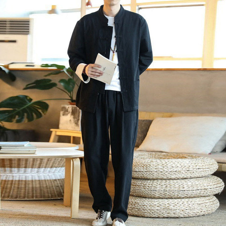 Buddha Stones 2Pcs Zen Tang Suit Men's Frog-Button Long Sleeve Shirt Pants Set With Pockets - image 22