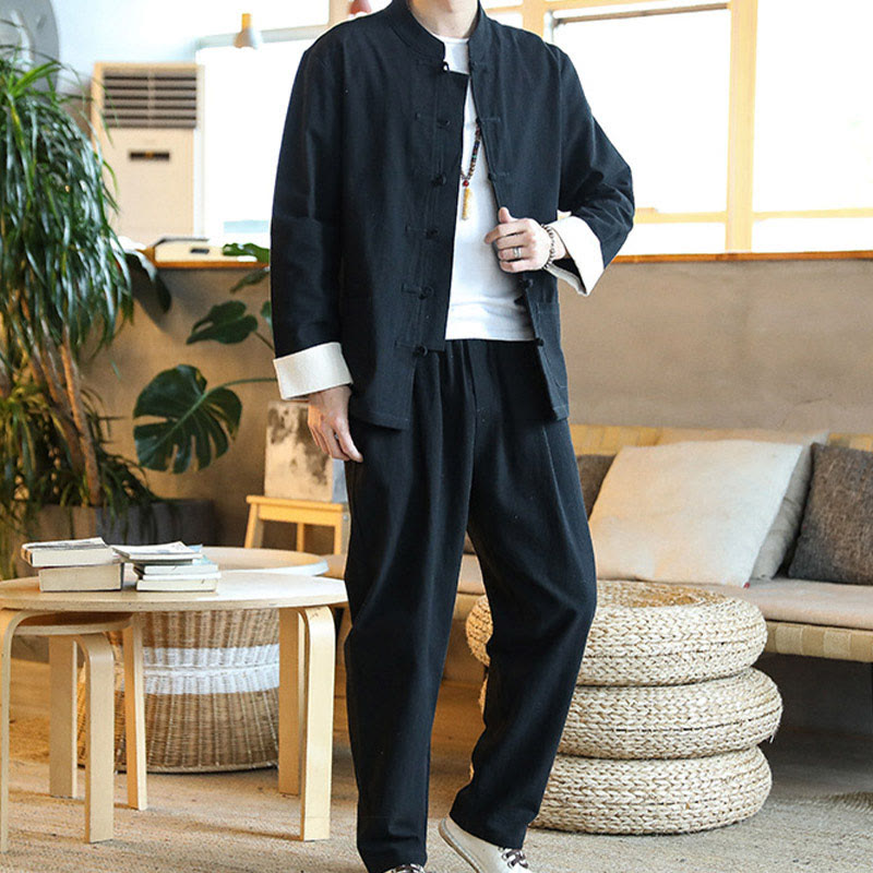 Buddha Stones 2Pcs Zen Tang Suit Men's Frog-Button Long Sleeve Shirt Pants Set With Pockets - image 18