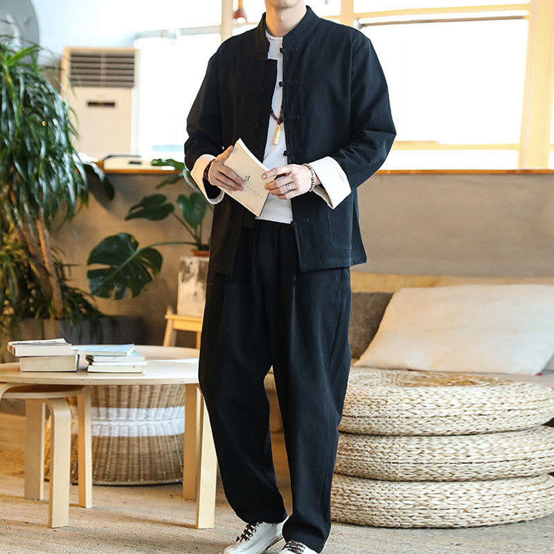 Buddha Stones 2Pcs Zen Tang Suit Men's Frog-Button Long Sleeve Shirt Pants Set With Pockets - image 21