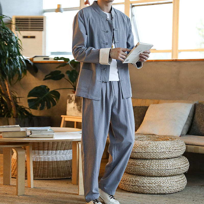 Buddha Stones 2Pcs Zen Tang Suit Men's Frog-Button Long Sleeve Shirt Pants Set With Pockets - image 11