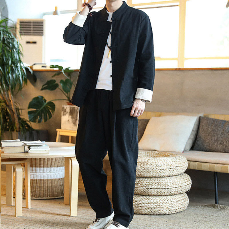 Buddha Stones 2Pcs Zen Tang Suit Men's Frog-Button Long Sleeve Shirt Pants Set With Pockets - image 20