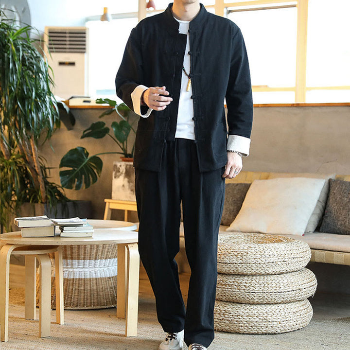 Buddha Stones 2Pcs Zen Tang Suit Men's Frog-Button Long Sleeve Shirt Pants Set With Pockets - image 16