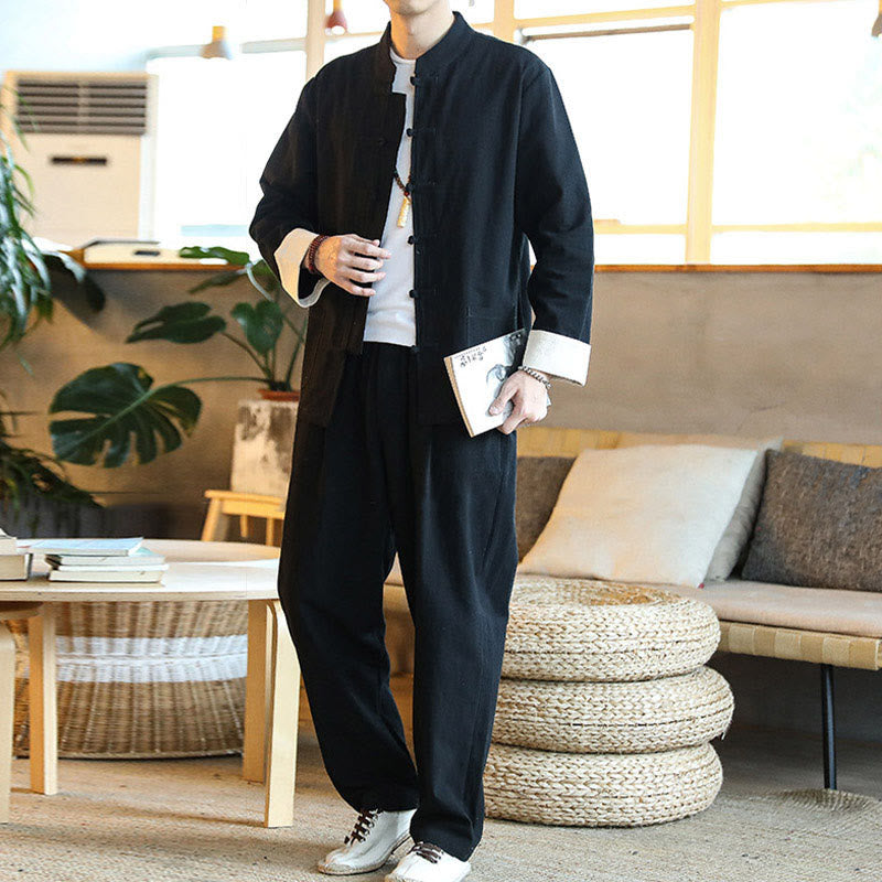 Buddha Stones 2Pcs Zen Tang Suit Men's Frog-Button Long Sleeve Shirt Pants Set With Pockets - image 23