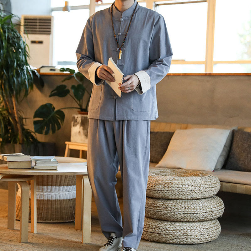 Buddha Stones 2Pcs Zen Tang Suit Men's Frog-Button Long Sleeve Shirt Pants Set With Pockets - image 9