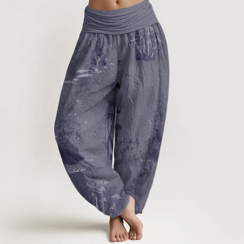 Buddha Stones Pure Cotton Casual Bamboo Rock Ink Painting Women's Elastic Waist Harem Pants - SlateGray - US22，UK/AU26，EU54 (6XL) - image 1