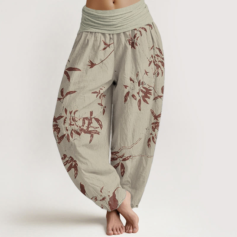Buddha Stones Pure Cotton Branch Pattern Women's Elastic Waist Harem Pants - Khaki - US22，UK/AU26，EU54 (6XL) - image 0