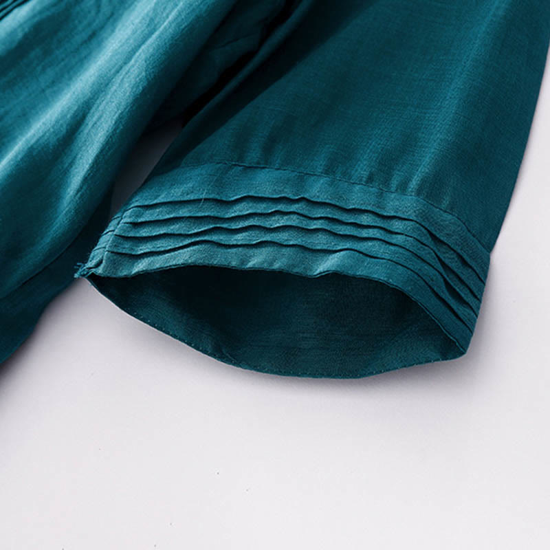 Buddha Stones Casual Accordion Pleat Plain V-neck Short Sleeve Midi Dress With Pockets - image 37