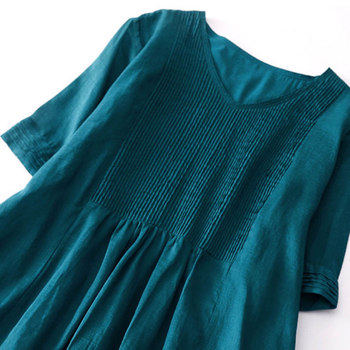 Buddha Stones Casual Accordion Pleat Plain V-neck Short Sleeve Midi Dress With Pockets - image 35