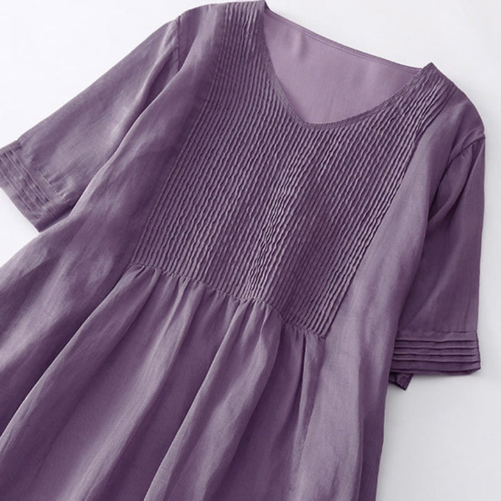 Buddha Stones Casual Accordion Pleat Plain V-neck Short Sleeve Midi Dress With Pockets - image 3