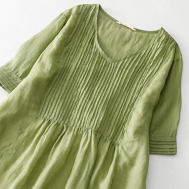 Buddha Stones Casual Accordion Pleat Plain V-neck Short Sleeve Midi Dress With Pockets - image 12