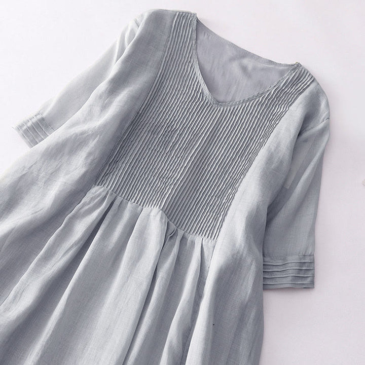 Buddha Stones Casual Accordion Pleat Plain V-neck Short Sleeve Midi Dress With Pockets - image 20
