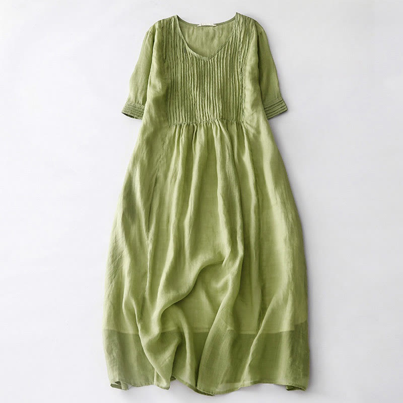 Buddha Stones Casual Accordion Pleat Plain V-neck Short Sleeve Midi Dress With Pockets - YellowGreen - US14，UK/AU18，EU46 (2XL) - image 9