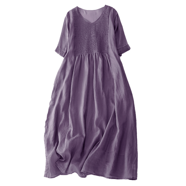 Buddha Stones Casual Accordion Pleat Plain V-neck Short Sleeve Cotton Midi Dress With Pockets - image 6