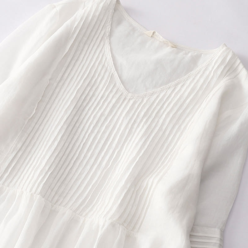 Buddha Stones Casual Accordion Pleat Plain V-neck Short Sleeve Midi Dress With Pockets - image 42