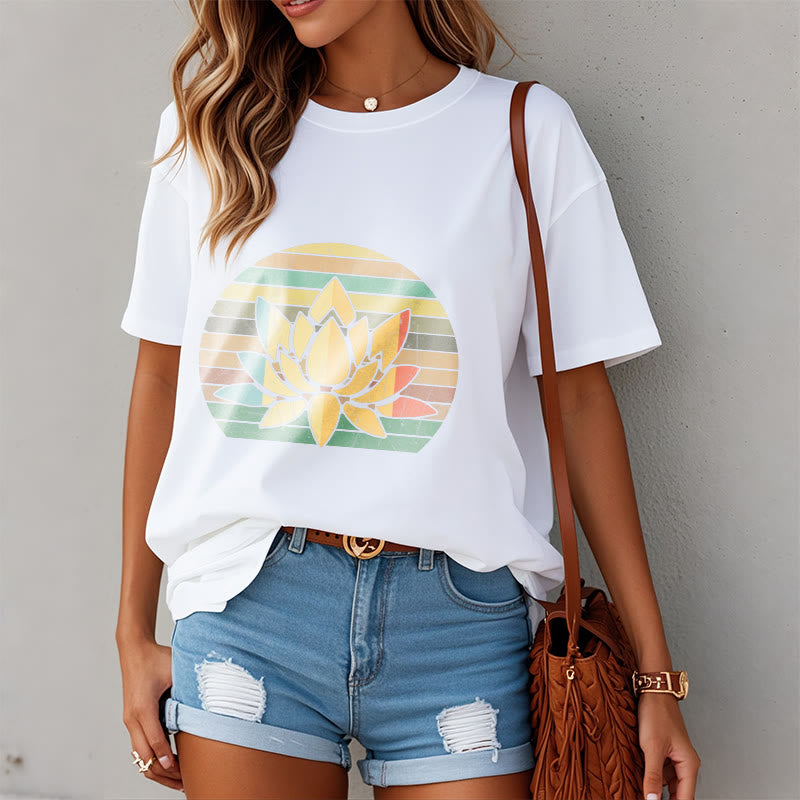 Buddha Stones Casual Retro Striped Background Lotus Flower Pattern Cotton Tee T-shirt - image 8