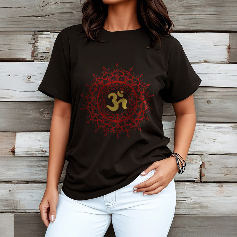 Buddha Stones Casual Red Mandala Om Symbol Pattern Cotton Tee T-shirt - image 3