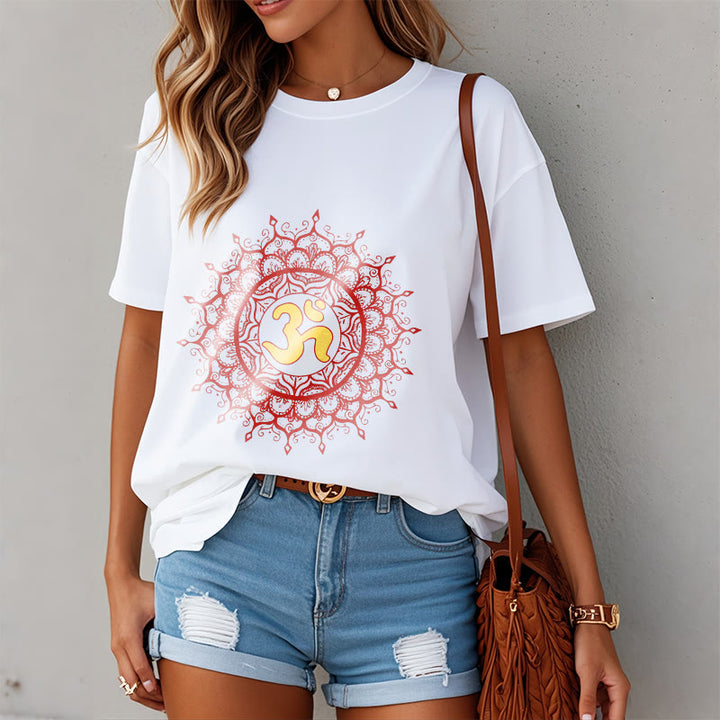 Buddha Stones Casual Red Mandala Om Symbol Pattern Cotton Tee T-shirt - image 8