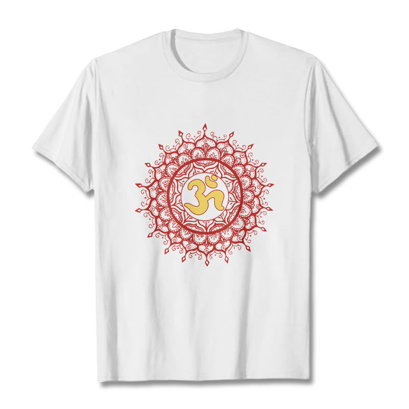 Buddha Stones Casual Red Mandala Om Symbol Pattern Cotton Tee T-shirt - White - 2XL - image 5