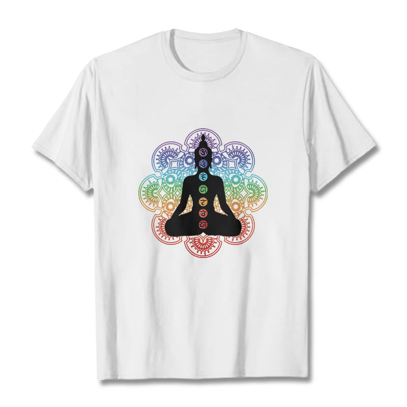 Buddha Stones Casual Meditating Figure Colorful Mandala Pattern Cotton Tee T-shirt - White - 2XL - image 6