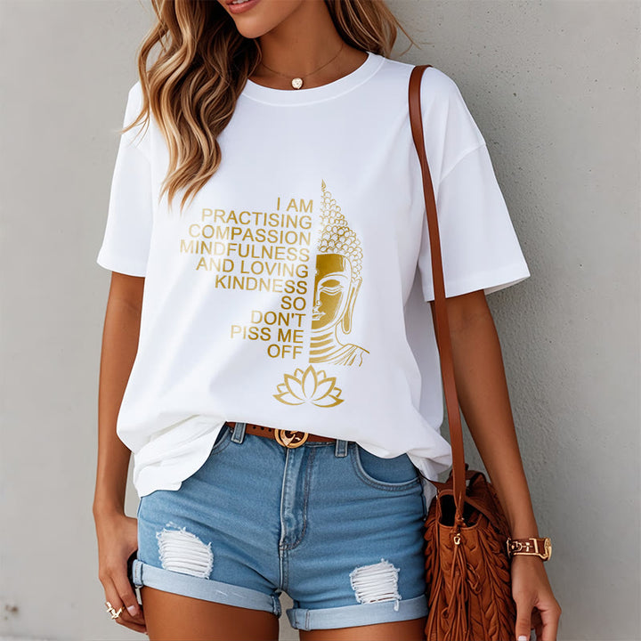 Buddha Stones Casual Golden Side Buddha Lotus Flower Pattern Cotton Tee T-Shirt - image 3