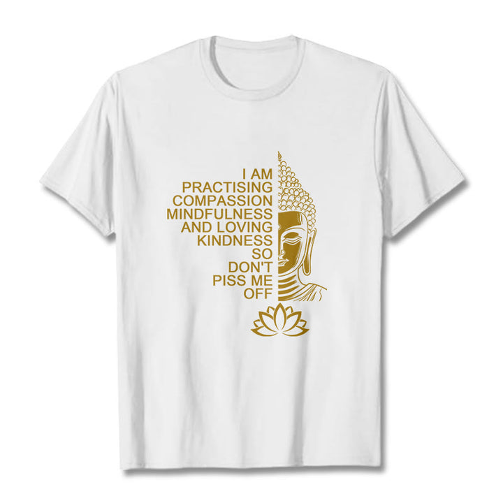 Buddha Stones Casual Golden Side Buddha Lotus Flower Pattern Cotton Tee T-Shirt - White - 2XL - image 0