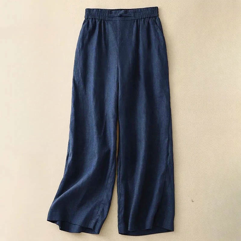 Buddha Stones Daily Solid Color Elastic Waistband Frog-Button Cotton Women's Wide Leg Pants With Pockets - MidnightBlue - US12，UK/AU16，EU44 (3XL) - image 8