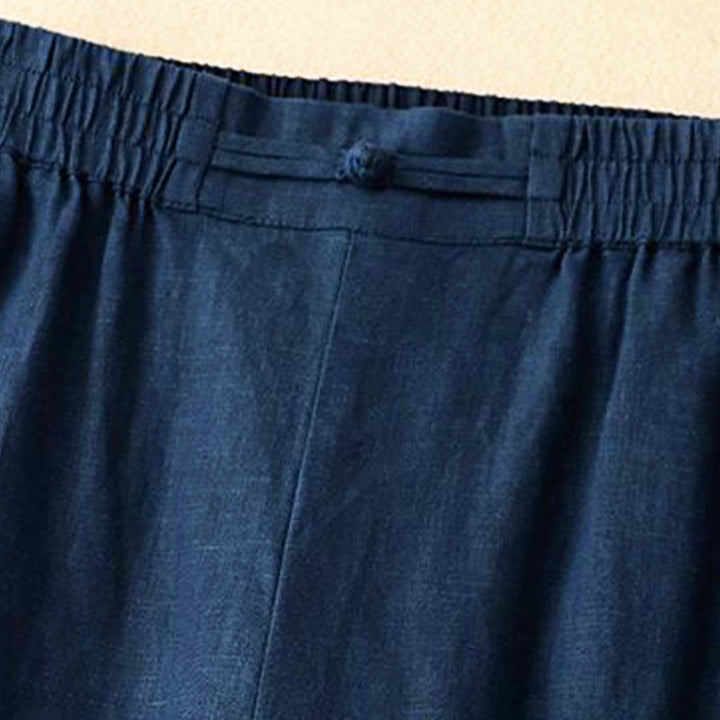 Buddha Stones Daily Solid Color Elastic Waistband Frog-Button Cotton Women's Wide Leg Pants With Pockets - image 10