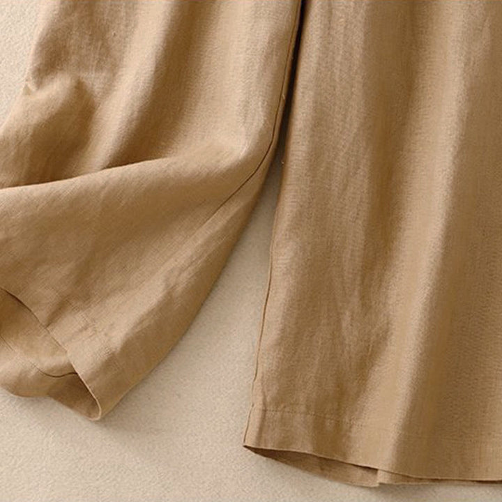 Buddha Stones Daily Solid Color Elastic Waistband Frog-Button Cotton Women's Wide Leg Pants With Pockets - image 7