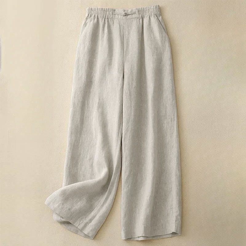 Buddha Stones Daily Solid Color Elastic Waistband Frog-Button Cotton Women's Wide Leg Pants With Pockets - Beige - US12，UK/AU16，EU44 (3XL) - image 11
