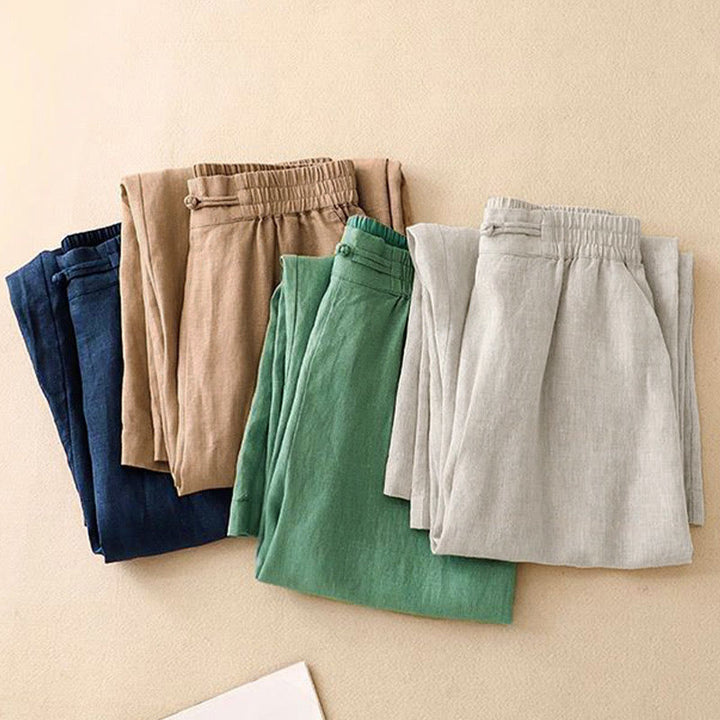 Buddha Stones Daily Solid Color Elastic Waistband Frog-Button Cotton Women's Wide Leg Pants With Pockets - image 17