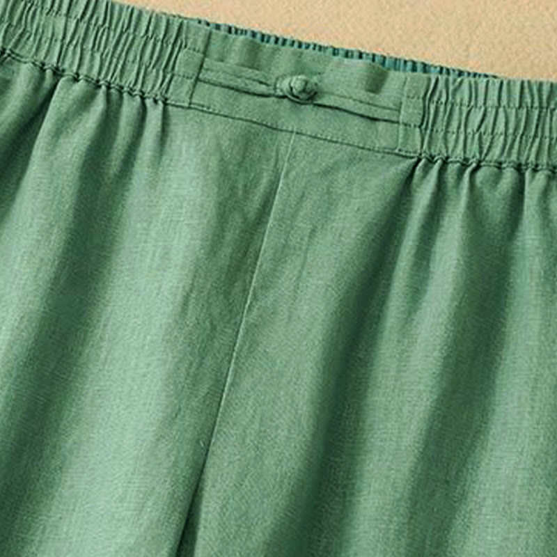 Buddha Stones Versatile Solid Color Elastic Waistband Frog-Button Cotton Women's Wide Leg Pants With Pockets - image 1