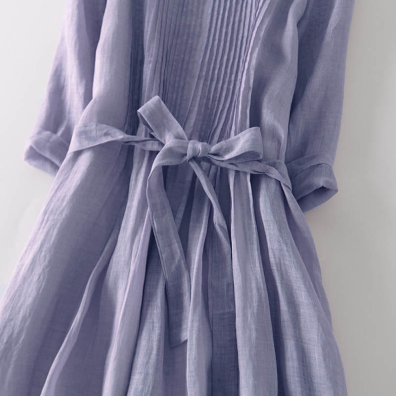 Buddha Stones Casual Lace-up Plain Crew Neck Half Sleeve Midi Dress With Pockets - image 16