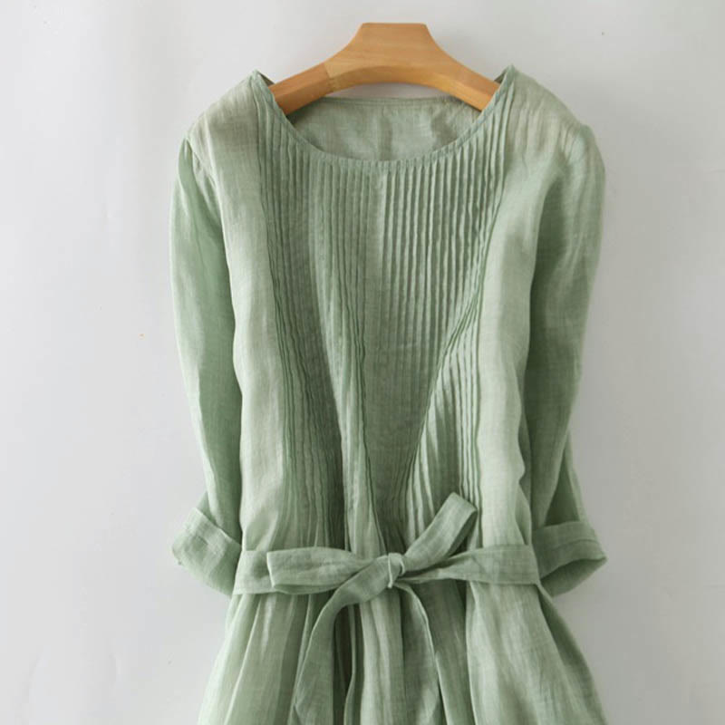 Buddha Stones Casual Lace-up Plain Crew Neck Half Sleeve Midi Dress With Pockets - image 20