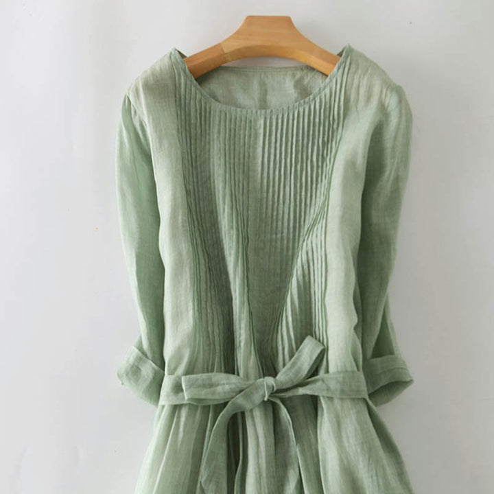 Buddha Stones Casual Lace-up Plain Crew Neck Half Sleeve Midi Dress With Pockets - image 20