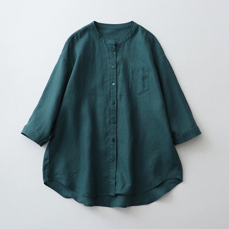 Buddha Stones Solid Color Button Three Quarter Sleeve Shirt - Teal - US8-10，UK/AU12-14，EU40-42 (2XL) - image 13