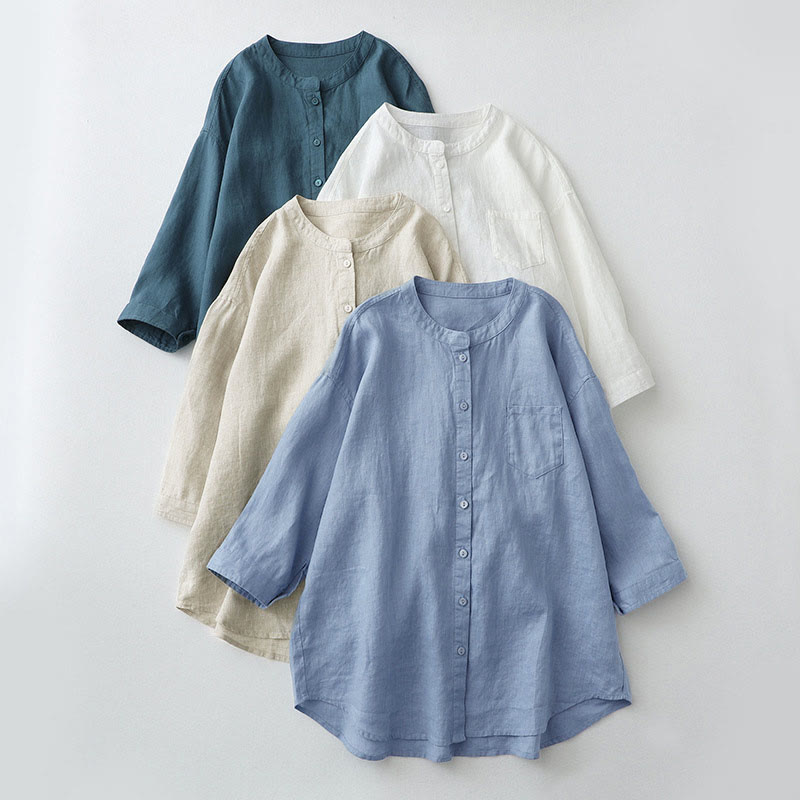 Buddha Stones Solid Color Button Three Quarter Sleeve Cotton Linen Shirt - image 1