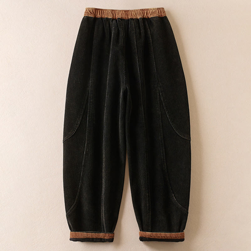 Buddha Stones Color Contrast Corduroy Cotton Women's Thermal Fleece-Lined Harem Pants With Pockets - image 2