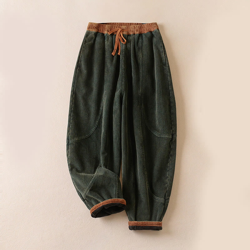 Buddha Stones Color Contrast Corduroy Cotton Women's Thermal Fleece-Lined Harem Pants With Pockets - Fleece-Lined Version - ForestGreen - US16，UK/AU20，EU48 (3XL) - image 0