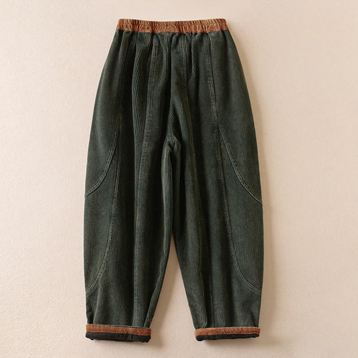 Buddha Stones Color Contrast Corduroy Cotton Women's Thermal Fleece-Lined Harem Pants With Pockets - image 1