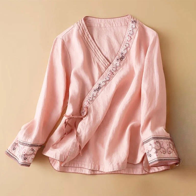 Buddha Stones Casual Embroidered Flowers Slant Collar Strap Long Sleeve Cotton Women's Shirt - Pink - US8-10，UK/AU12-14，EU40-42 (3XL) - image 3
