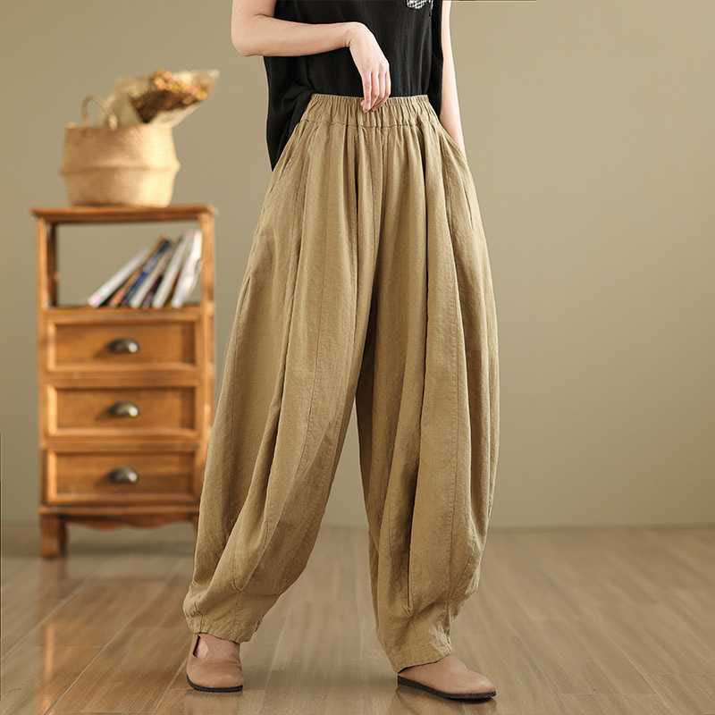 Buddha Stones Spring Casual Simple Design Women's Cotton Linen Harem Pants With Pockets - PaleGoldenrod - US8-10，UK/AU12-14，EU40-42 (2XL) - image 9