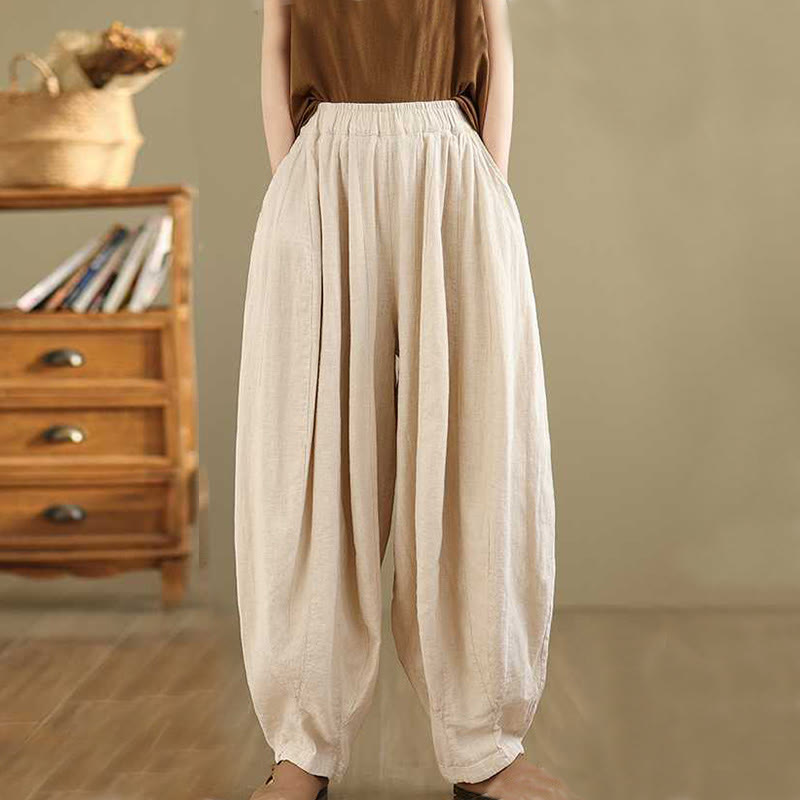 Buddha Stones Spring Casual Simple Design Women's Cotton Linen Harem Pants With Pockets - image 16