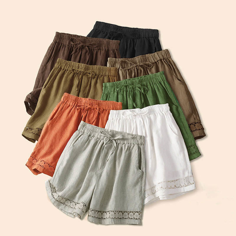 Buddha Stones Plain Color Bottom Hollow Lace Design Lace-up Cotton Linen Women's Shorts With Pockets - image 2