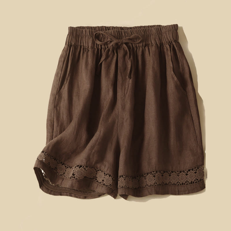 Buddha Stones Plain Color Bottom Hollow Lace Design Lace-up Cotton Women's Shorts With Pockets - Sienna - US12，UK/AU16，EU44 (3XL) - image 16